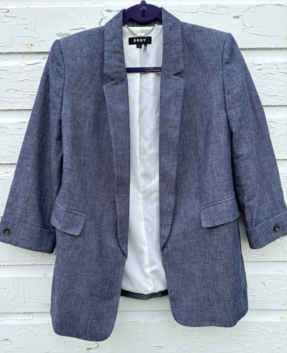 DKNY Jacket Womens Blue Linen Blazer Sz 6 Open Front Roll Sleeve Lined Career